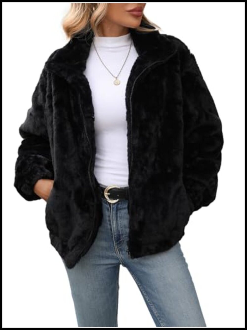 Faux Fur Coat Full Zip Warm Fleece Jacket A-Line